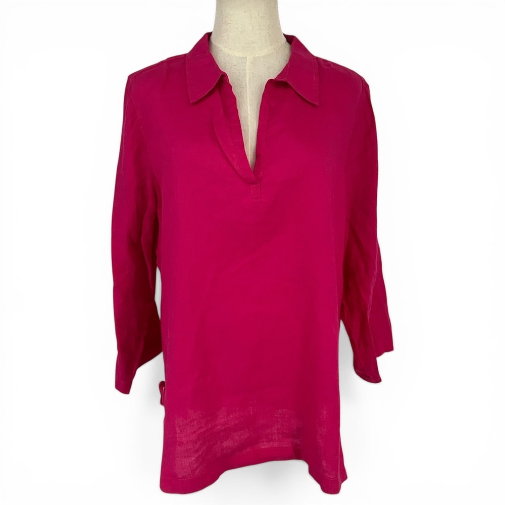 Isaac Mizrahi Hot Pink 100% Linen Tunic Top‎ V-Neck 3/4 Sleeve Side Ties XL